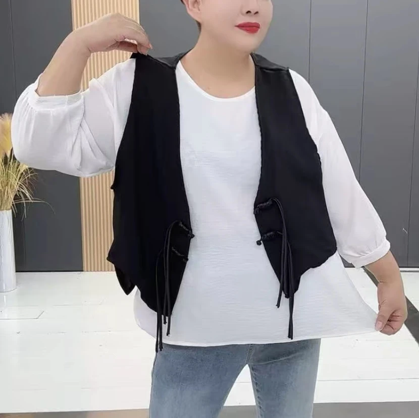 梦梦家7040款时尚洋气显瘦圆领分袖衫（马甲+衫）