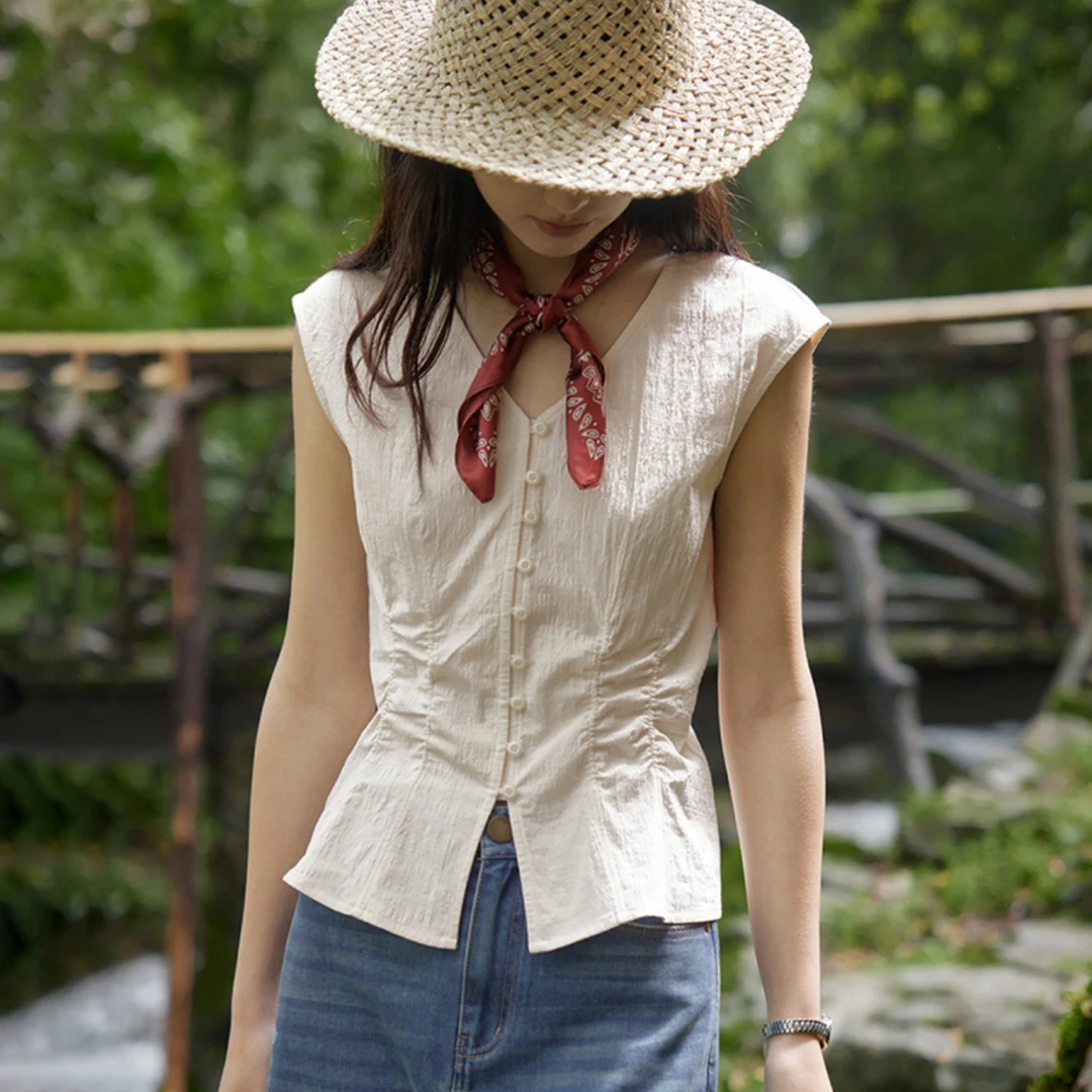 法式气质捏褶v领修身衬衫女夏季小众收腰显瘦独特别致小衫上衣潮