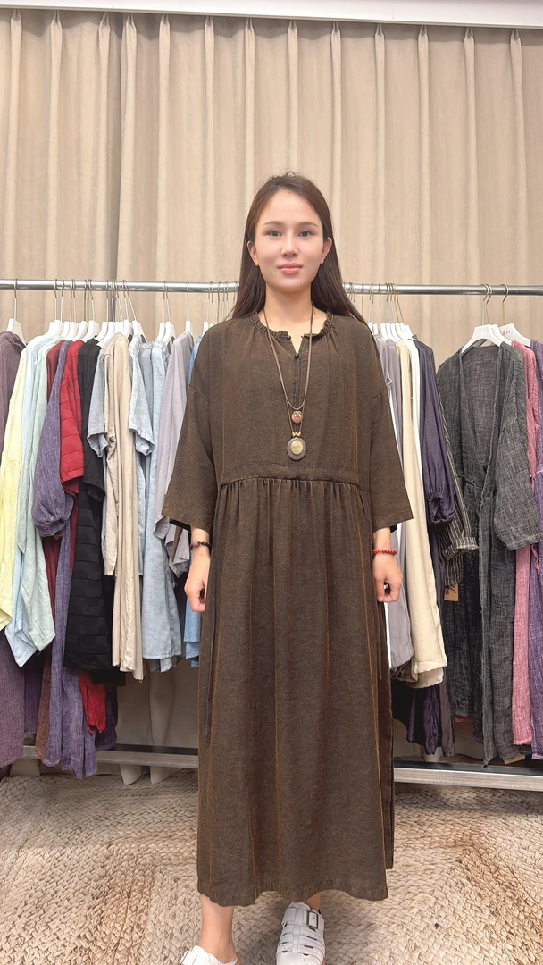 【古素】深咖色花边领拼接长款女装连衣裙A66