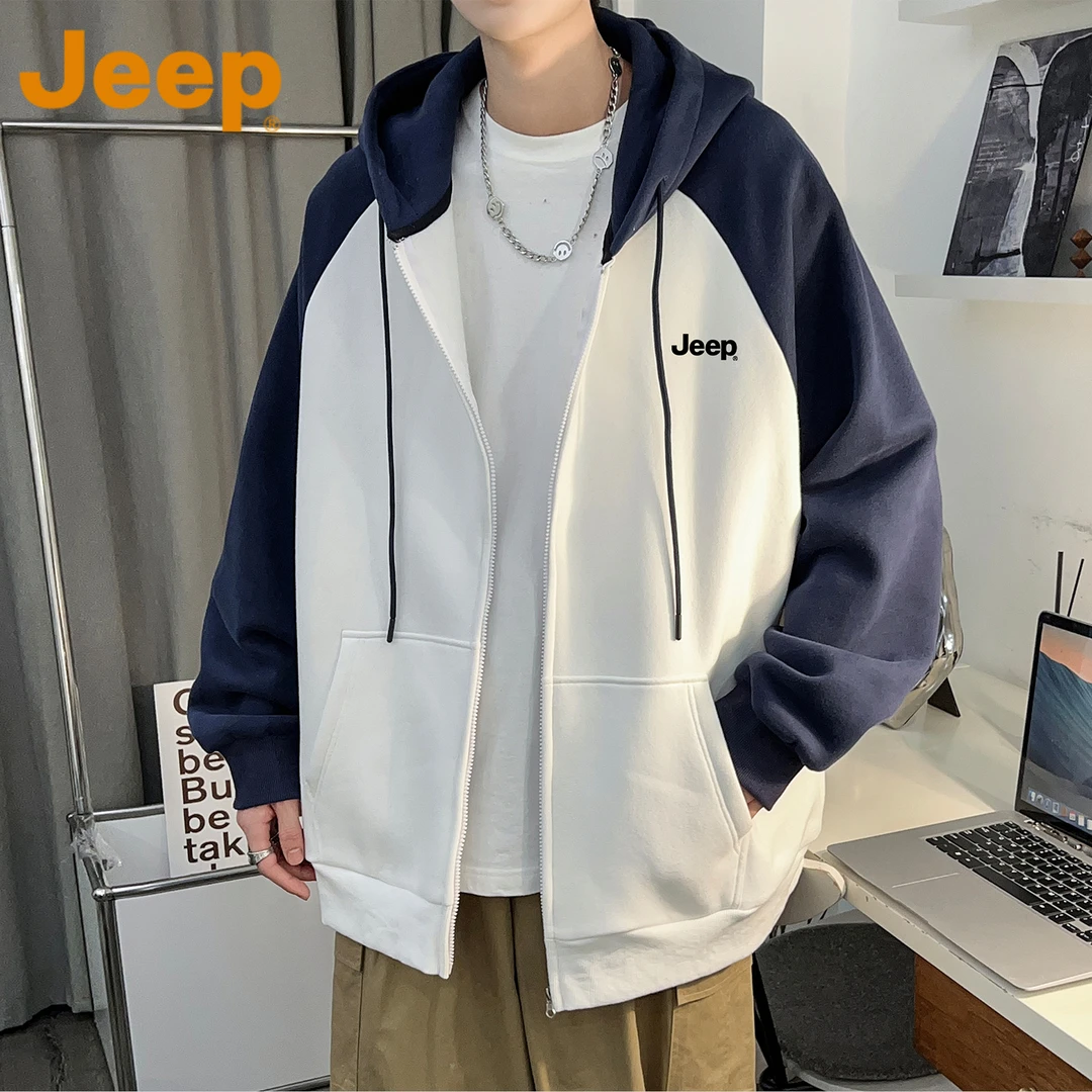 JEEP吉普美式复古连帽开衫卫衣男款秋季宽松休闲大码撞色拼接外套