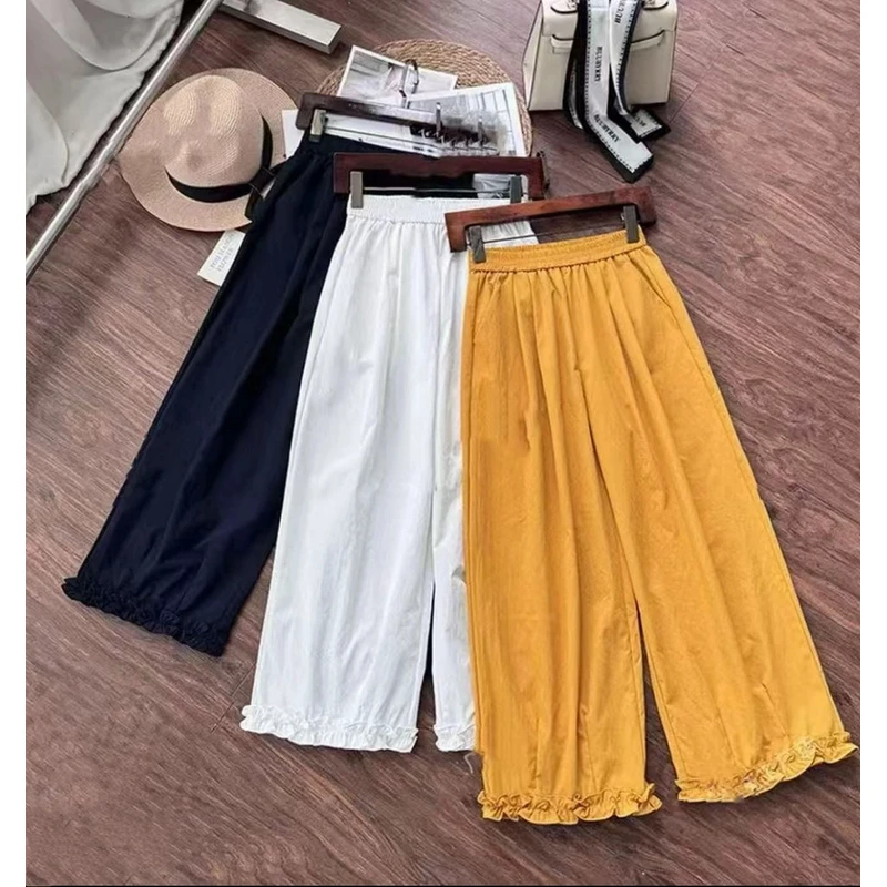 韩系夏季木耳花边直筒阔腿休闲裤大码休闲八分/九分薄款女