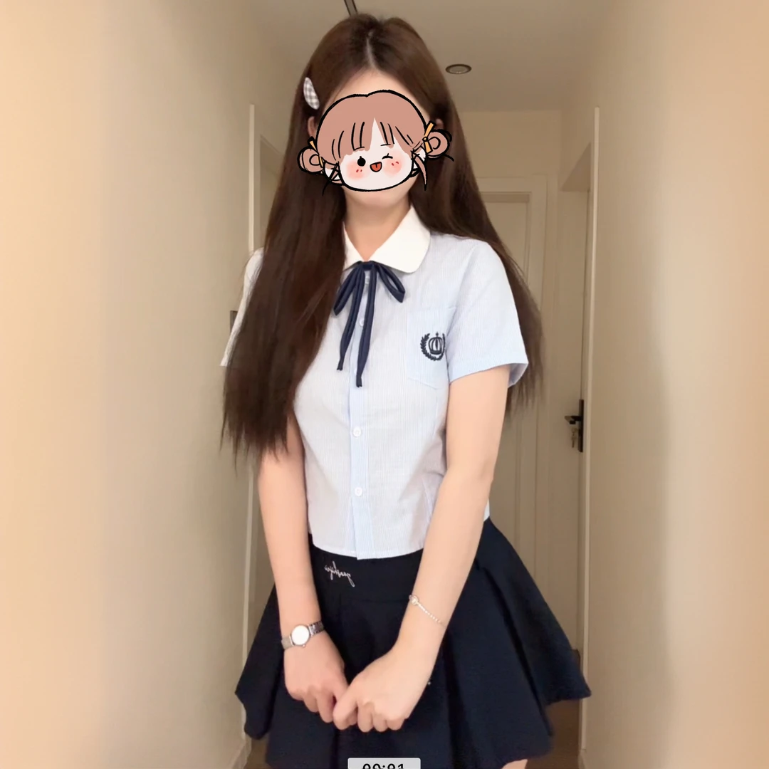 娃娃领夏季学院风套装夏季辣妹纯欲修身短袖上衣高腰半身裙两件套