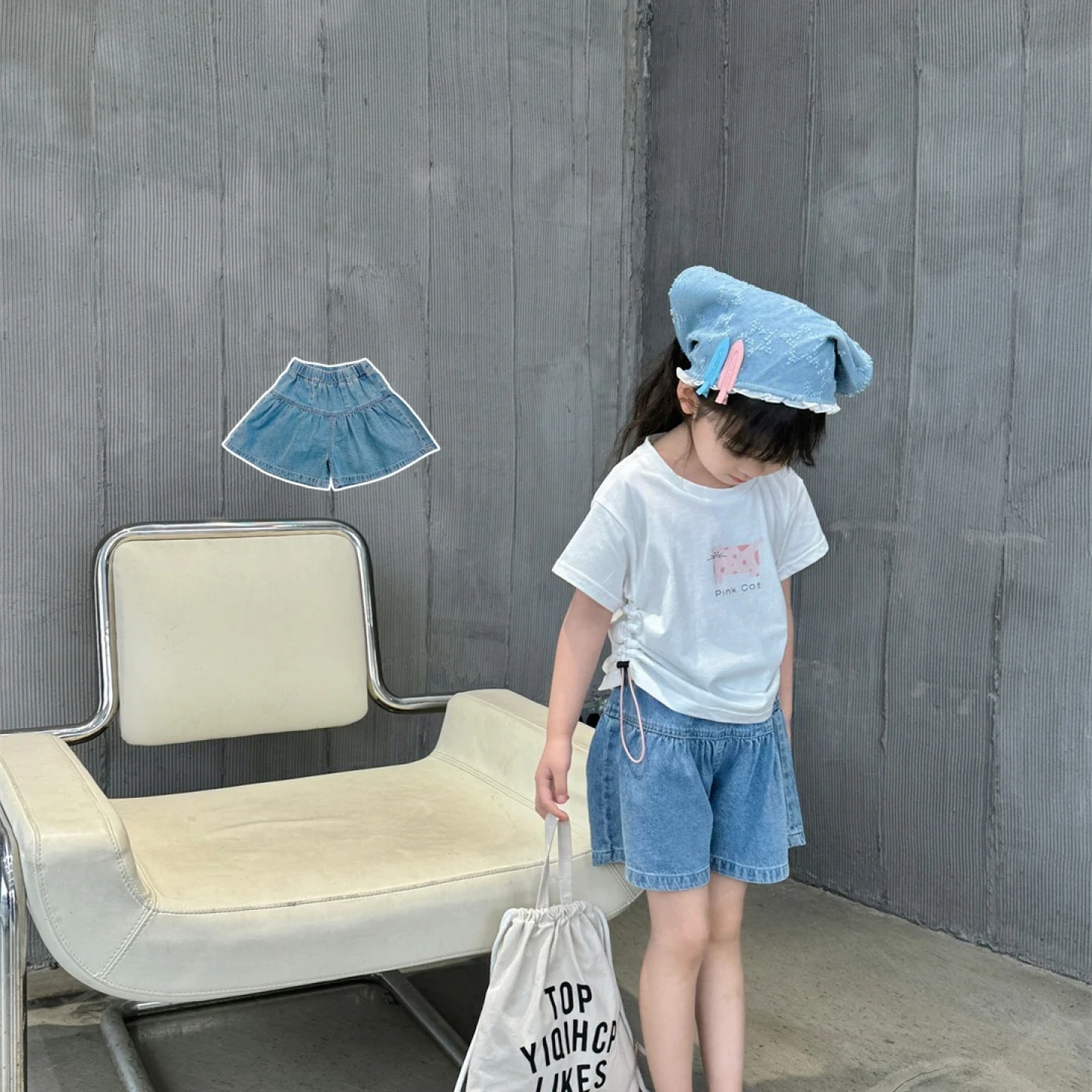 夏季女童褶皱牛仔裙裤女宝休闲蓝色薄款宽松韩版B-58308