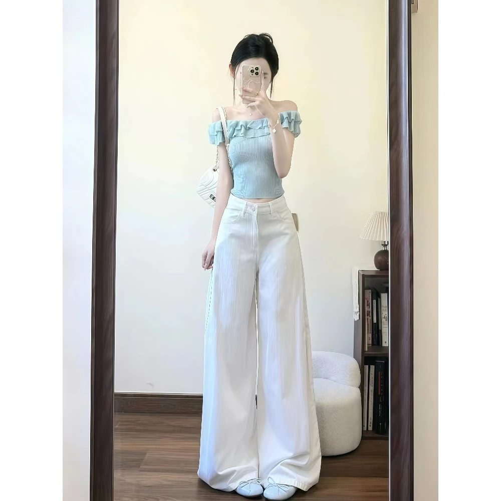 巨好看的夏一整套松弛韩系洋气减龄荷叶边一字肩上衣牛仔裤两件套