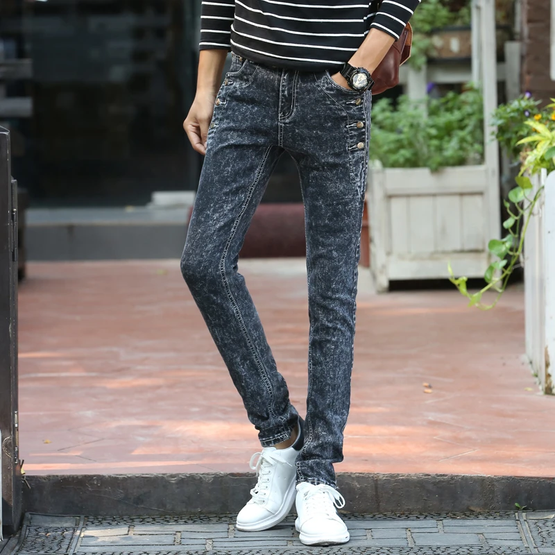 3015男士黑色牛仔裤雪花修身弹力百搭休闲时尚加绒