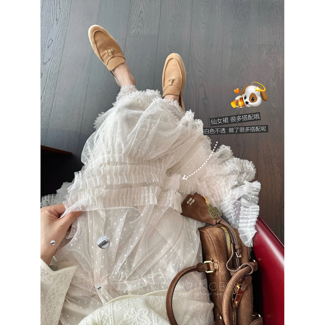 钱美西 重工网纱多层拼接 多裁片蕾丝灵动波点蓬蓬蛋糕仙女裙女