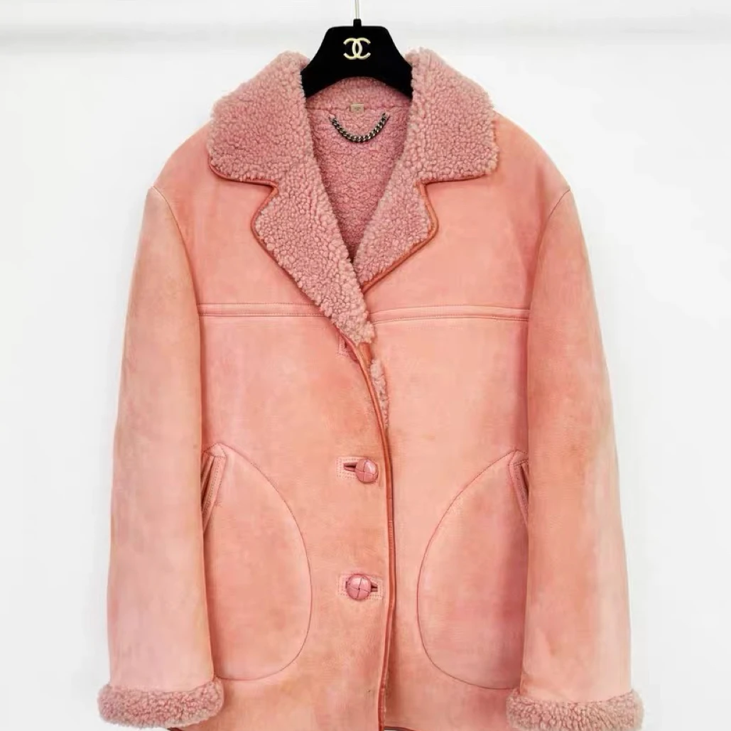 99新 BURBERRY/博柏利 粉色羊羔毛外套/UK8码/B02658