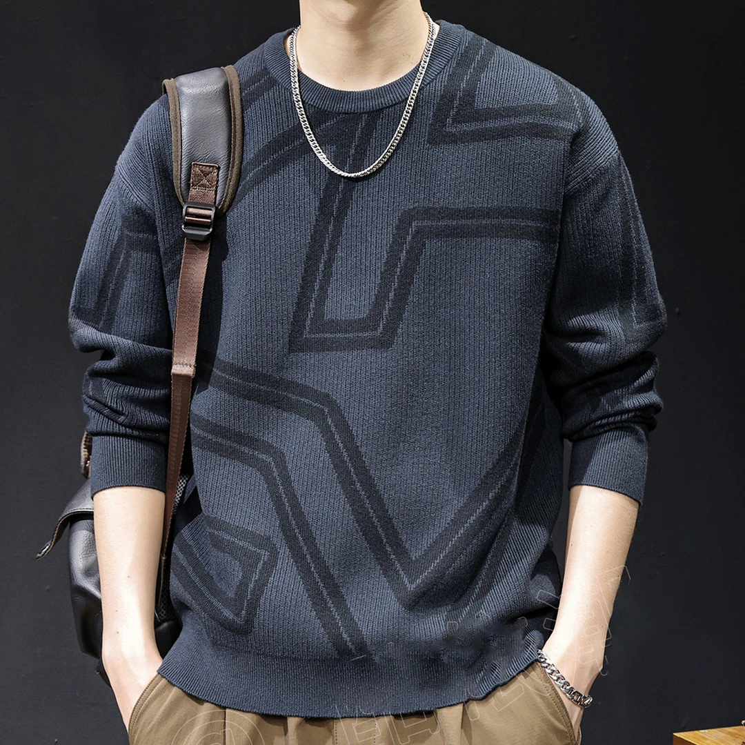 MR.MUDI/穆迪先生美式复古印花圆领针织毛衣男士秋冬季时尚衣服潮