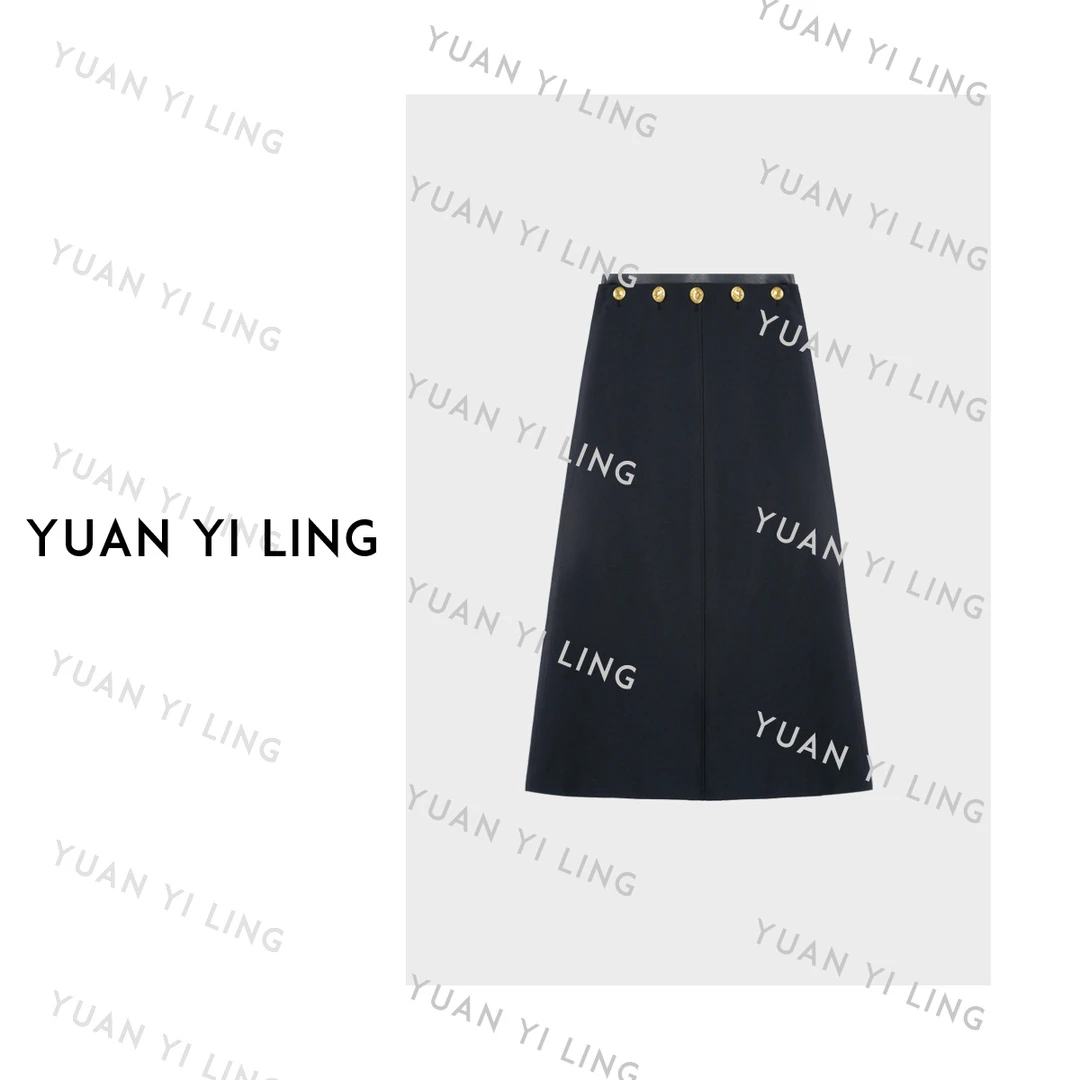 袁艺灵【V家限定】秋冬进口澳州羊毛时尚经典金色排扣半身裙6013