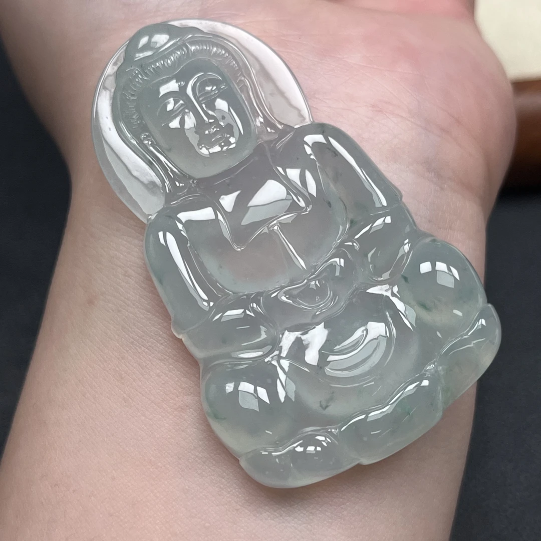 天然缅甸翡翠观音吊坠A货老种雪花棉简约观音翡翠吊坠60/36.3/6.9