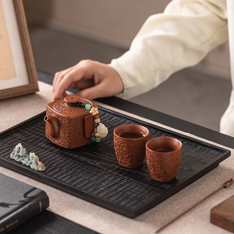 原矿紫砂壶手工精雕百福四方壶一壶两杯套装泡小号手抓壶功夫茶具