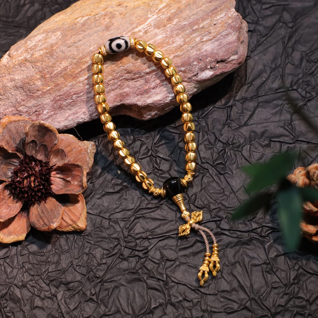 朝銮黄金古法金金刚杵 黑玛 瑙 莫桑钻足金珠珠手串