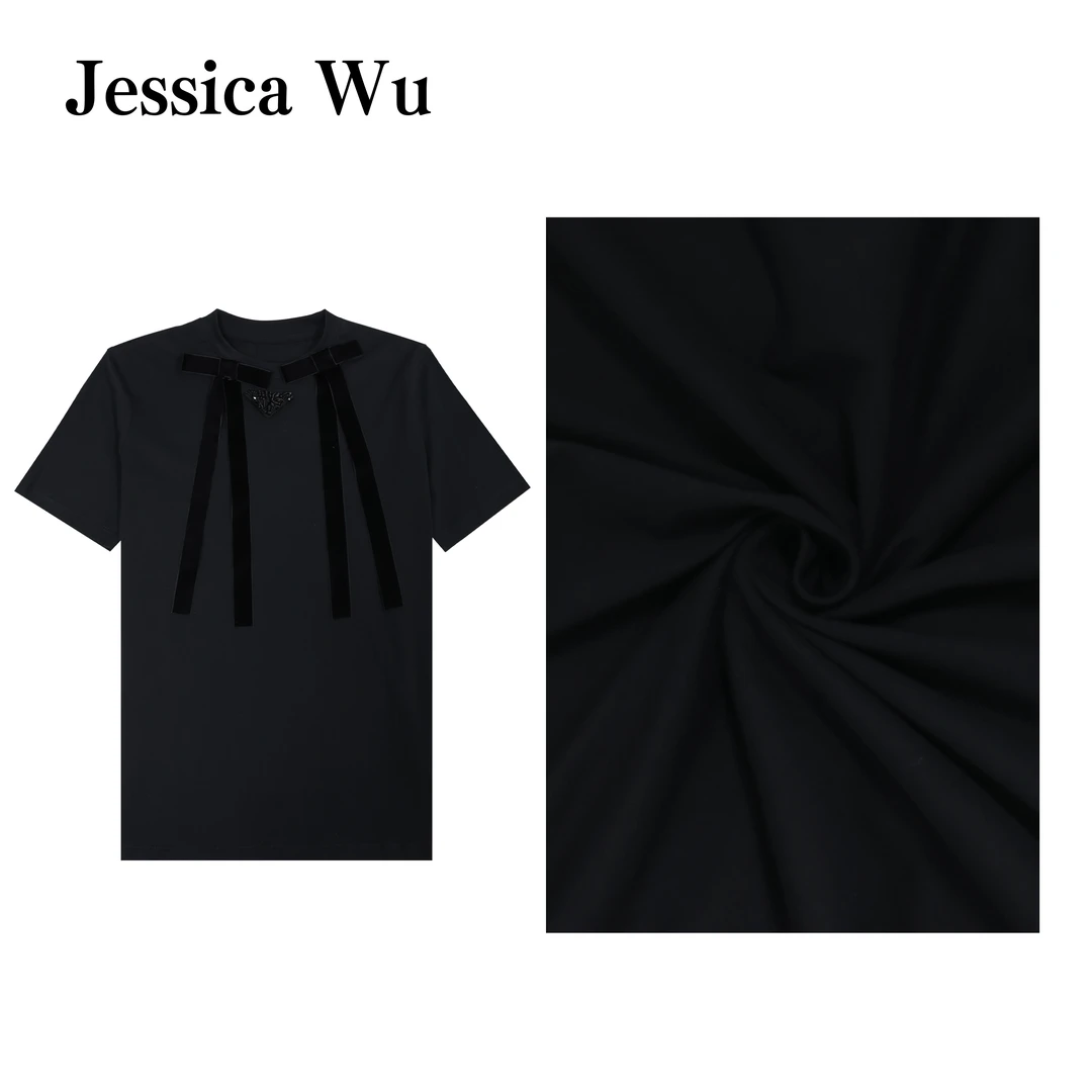 JESSICA WU精致！几何三角钉珠丝绒蝴蝶结可拆卸棉质宽松百搭短袖