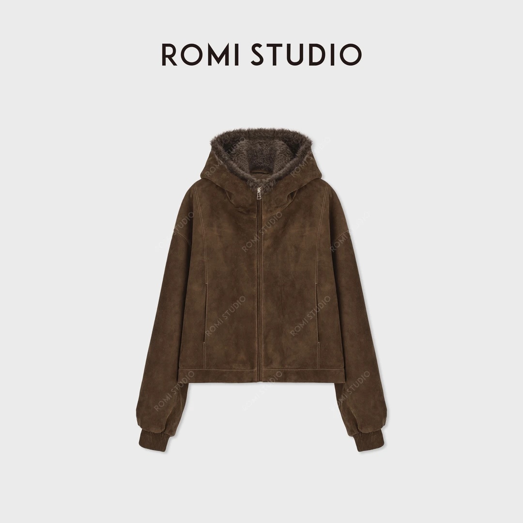 ROMI STUDIO埃塞俄比亚进口山羊反绒皮雾感连帽皮外套RWCWWT6900