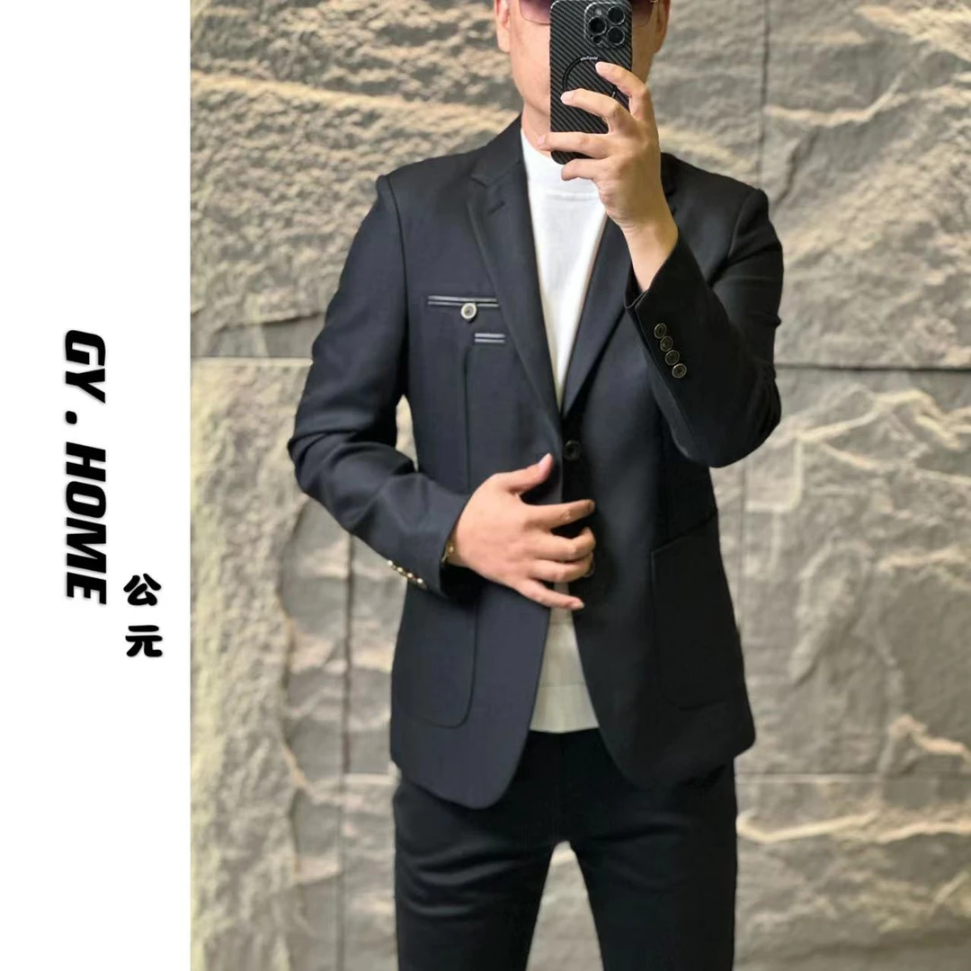 46013【公元·名品】轻奢欧货男士秋季 高定羊毛拼皮时尚休闲西服