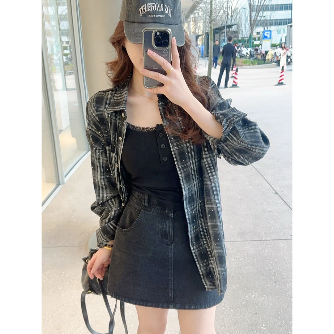 【MuMU】镶钻黑色慵懒风格子衬衫外套WP9612