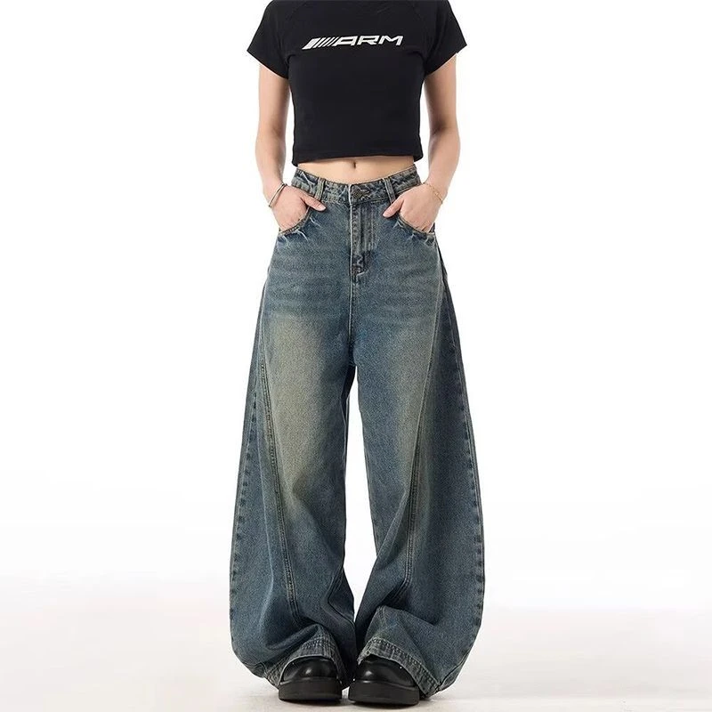 美式复古弯刀牛仔裤设计感宽松百搭阔腿裤男女街头潮流帅气长裤