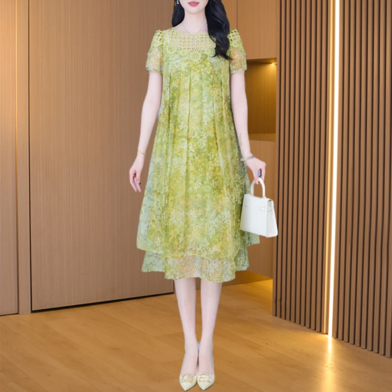【可蓓儿】绿色连衣裙2025年夏季新款时尚优雅减龄显瘦气质蕾丝裙子