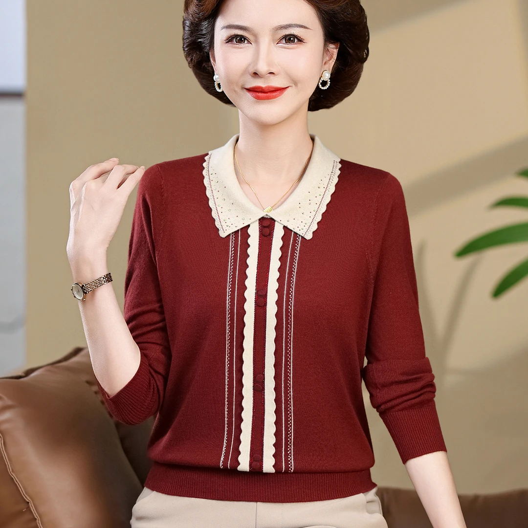 中年妈妈秋季烫钻绣花针织衫上衣宽松大码洋气中老年女装打底毛衣