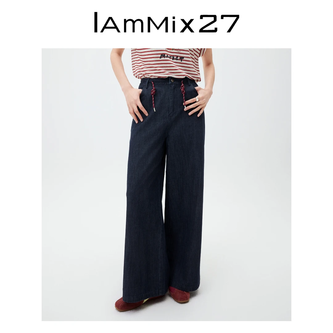Iammix27复古高腰牛仔阔腿裤女简约直筒显瘦牛仔裤女长裤Z5B7005