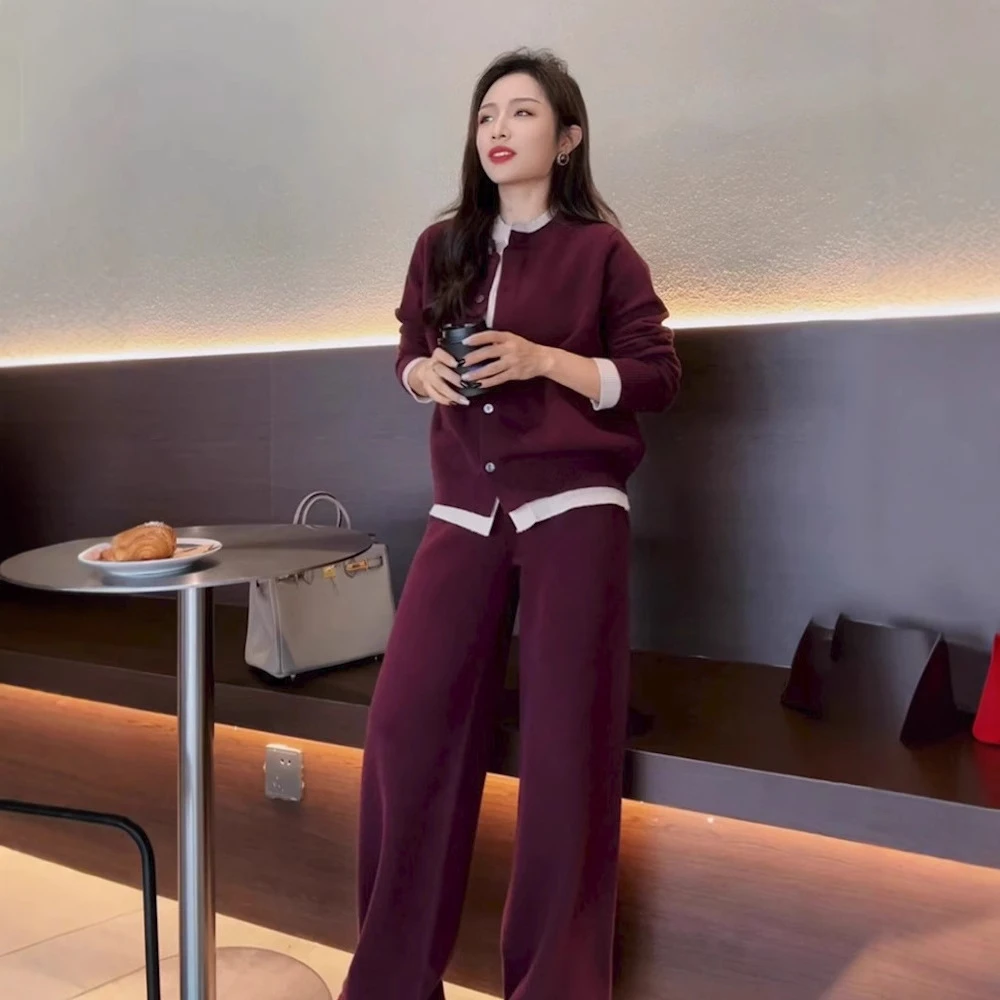 春秋季新款森系穿搭休闲运动套装女网红气质酒红色外套阔腿裤两件