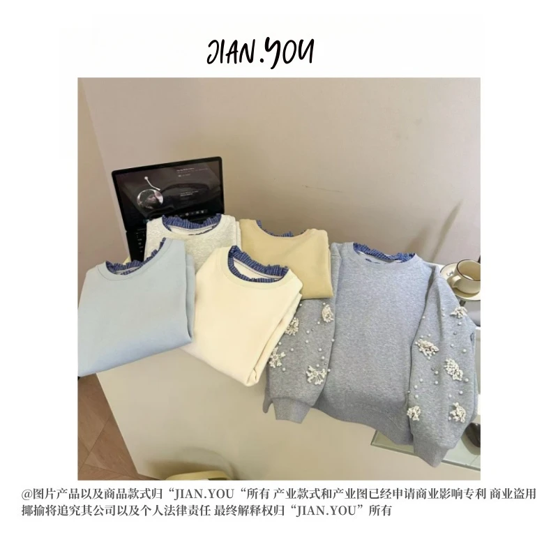 JIANYOU-「衬衣领款」2025早春新款韩版袖子钻设计女士卫衣T恤C-619