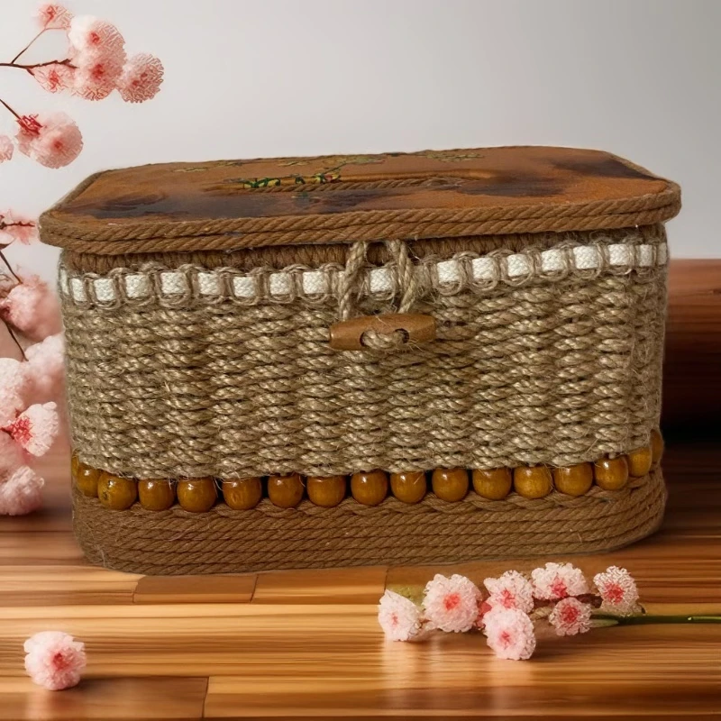 麻绳手工纸巾盒桌面收纳盒手工编织成品客厅带盖收纳盒家用盒子