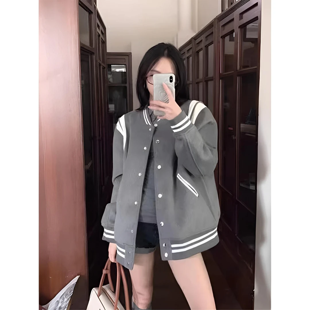 复古撞色vibe风条纹灰色棒球服秋季2025新款街头潮酷嘻哈夹克外套