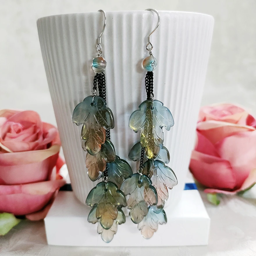 铜合金琉璃耳饰 民族风纯手工气质叶子流苏吊坠耳环1720