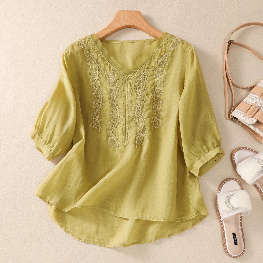 复古刺绣棉麻拼接欧根纱女士夏季韩版V领上衣中国风衬衣衬衫小衫