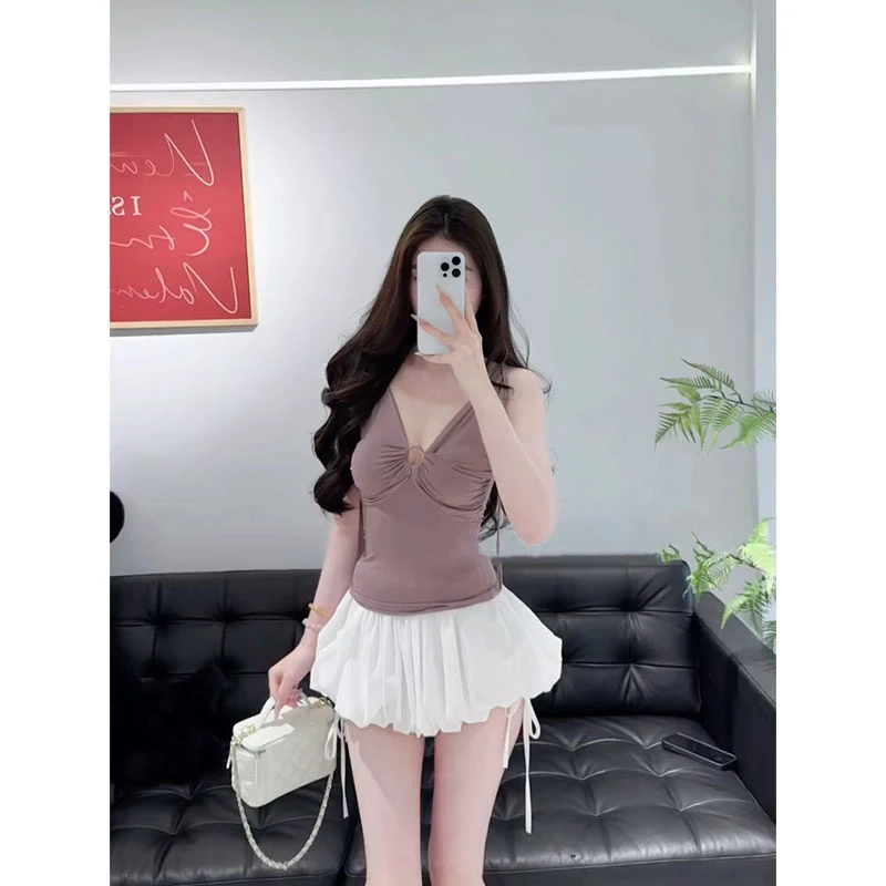 2025夏季新款ins设计感圆环性感v领吊带背心女配高腰花苞短裙女