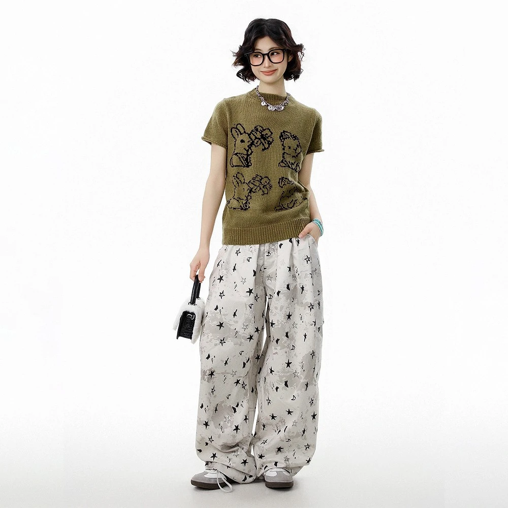 Sanowers美式兔子提花小高领短袖针织衫女夏季修身短款正肩上衣潮