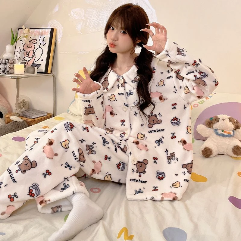 【白色小熊】女款睡衣秋冬保暖卡通长袖套装女家居服可外穿加绒加厚