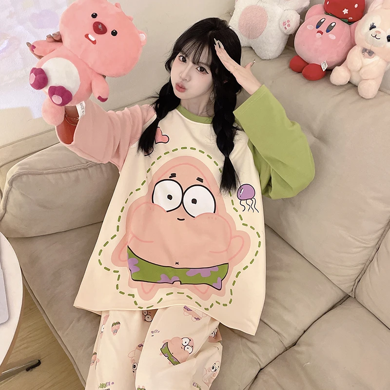 春秋季睡衣女纯棉长袖可爱卡通薄款可外穿大码胖mm学生家居服套装