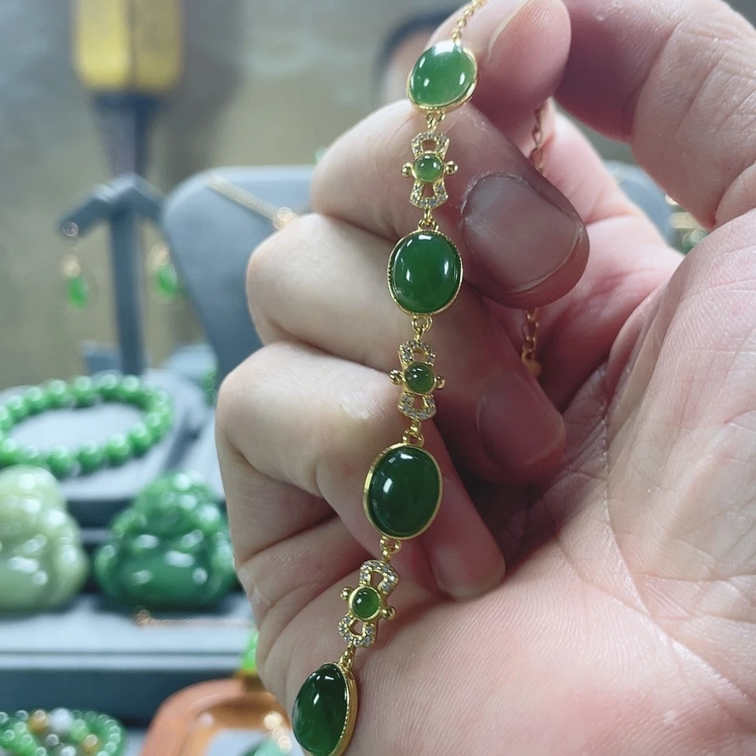 手链银S925镀金镶嵌和田玉（碧玉）