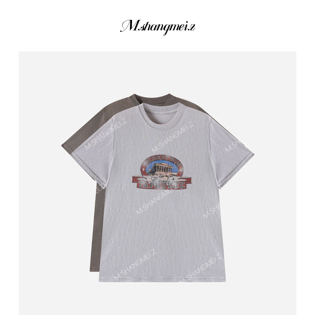 M.SHANGMEI.Z/沐熙【旧化美式】美大哥复古印花字母图案T恤X072687