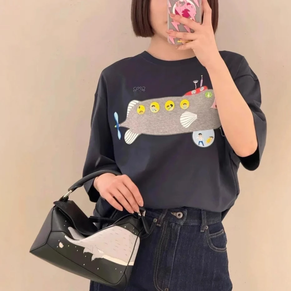 高品联名系列潮奢款罗家立体刺绣浮雕图短袖T恤墨绿宽松版型青年