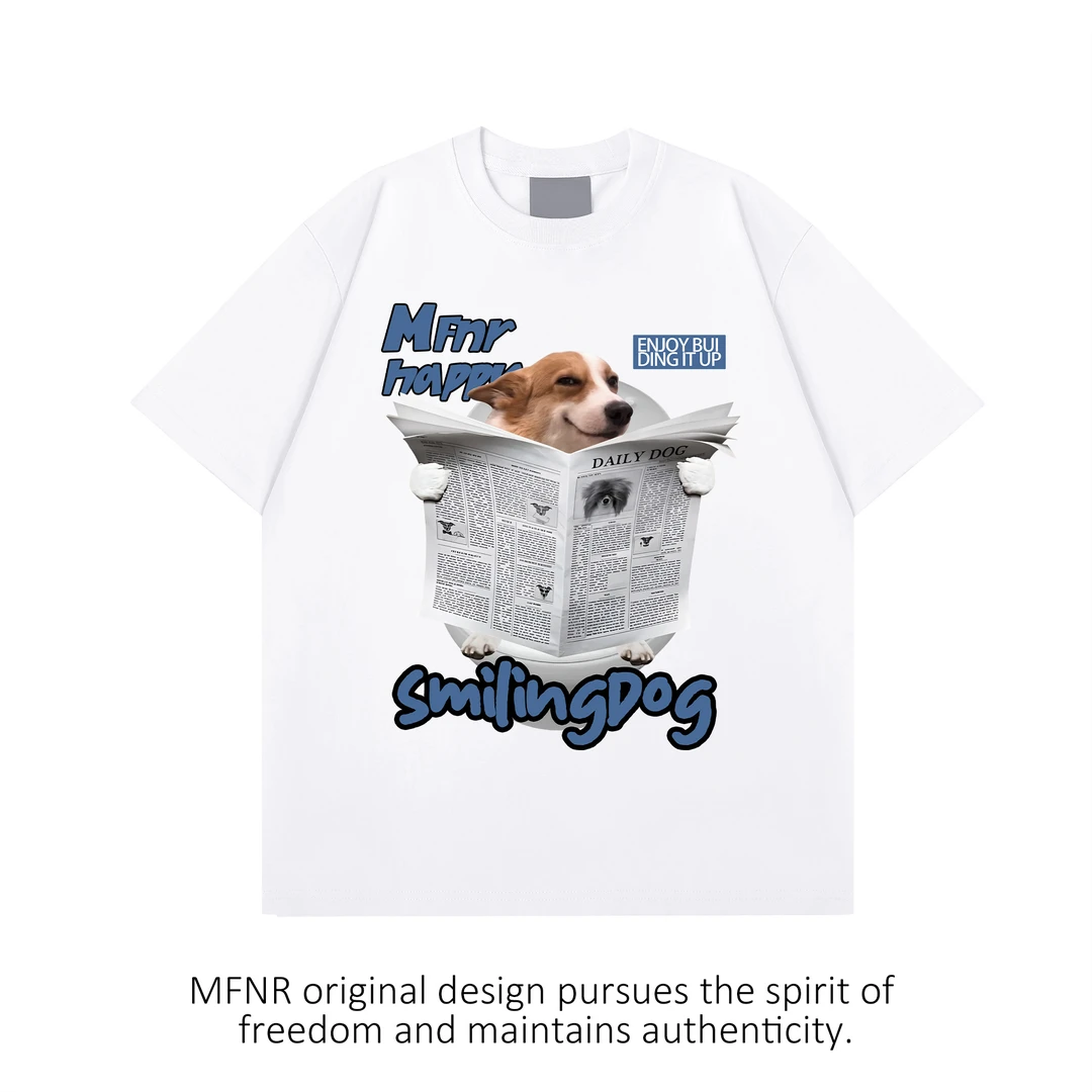 复古街头设计感报纸小狗印花T恤男女生夏季新款重磅纯棉短袖上衣