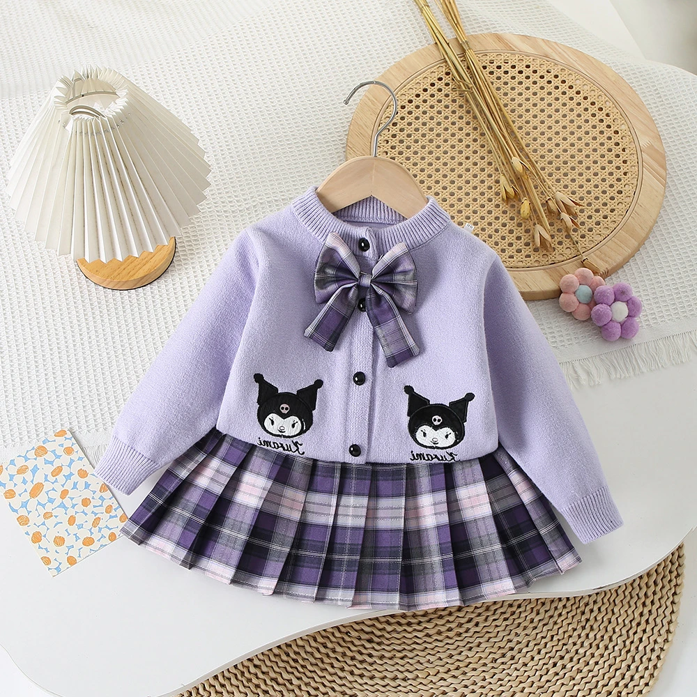 女童外套新款库洛米针织开衫学院风格子裙JK毛衣套装女宝宝韩版潮