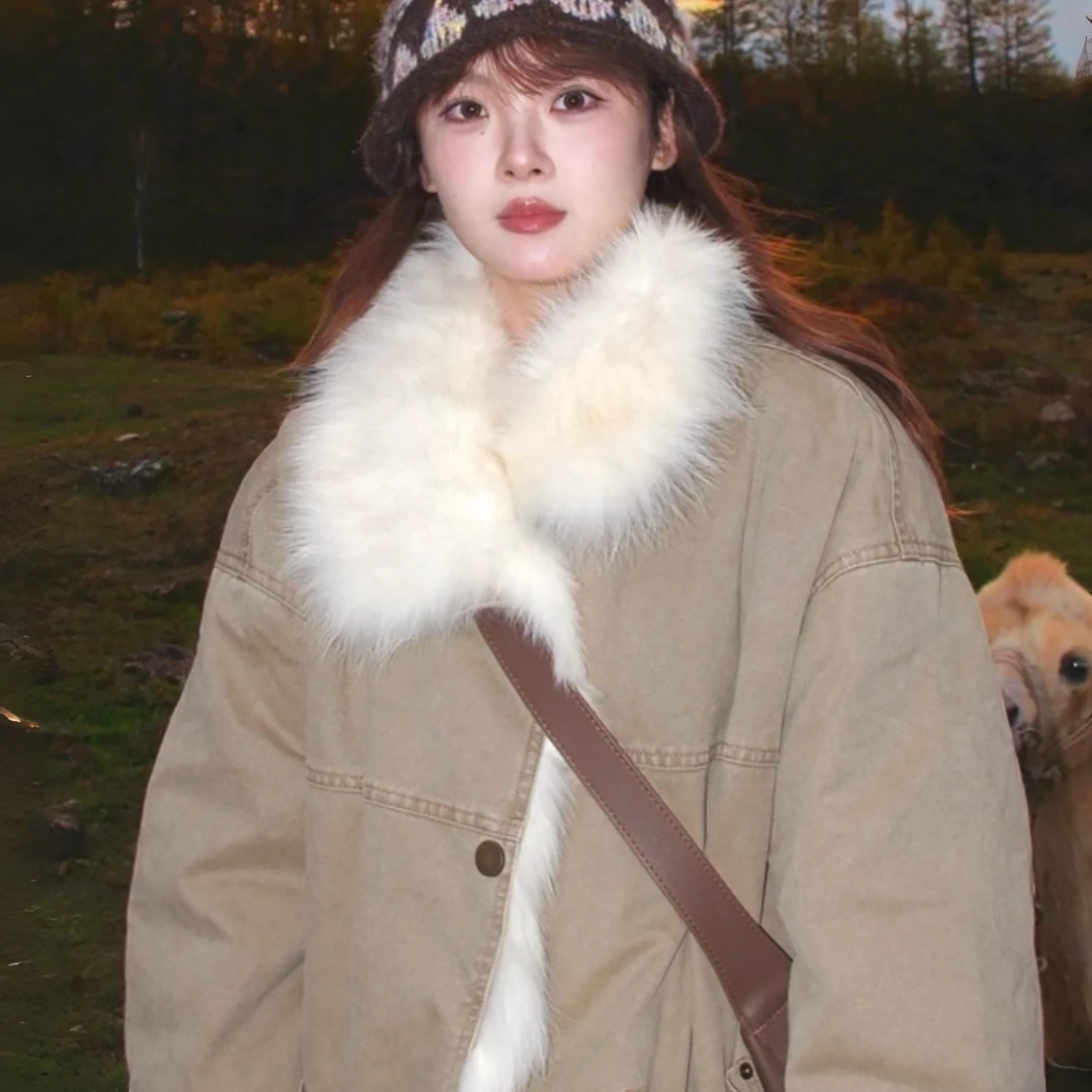 冬季棉服女款2025新款美式复古宽松设计感派克服棉衣加绒加厚外套