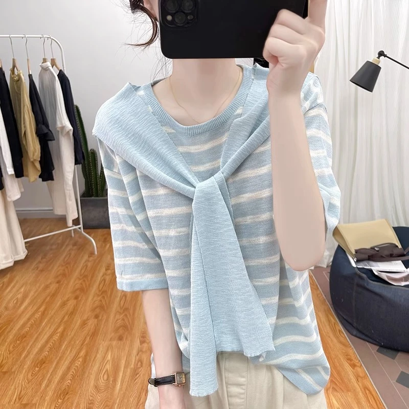 大码薄款冰丝披肩条纹短袖T恤女夏季微胖MM宽松显瘦洋气减龄上衣