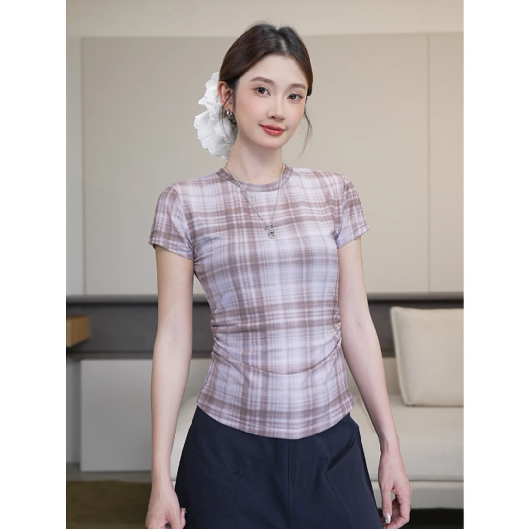 尔给夏季短袖薄款格纹网纱T恤女显瘦气质复古修身时尚百搭上衣