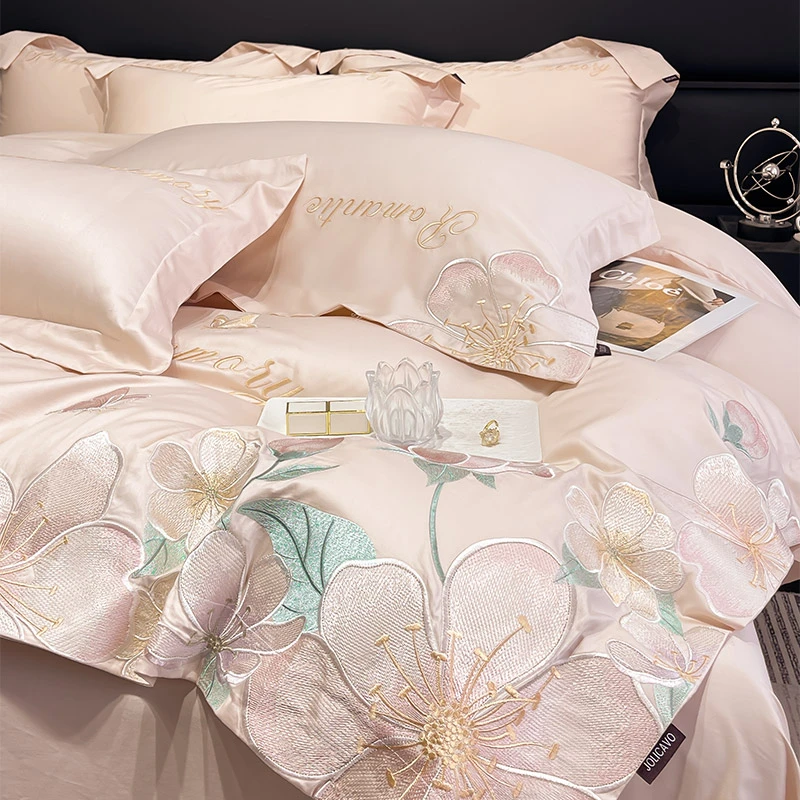 轻奢A类长绒棉四件套纯棉全棉刺绣花卉被套床单床笠家纺床上用品