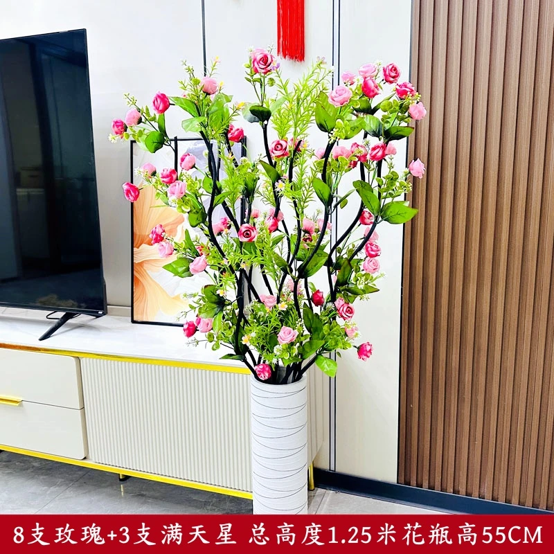 高枝假花落地轻奢油画玫瑰仿真花复古干花客厅高档中式摆件装饰花