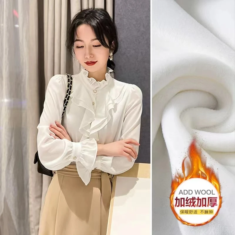 加绒法式宫廷风荷叶边洋气轻熟长袖衬衫喇叭袖花边上衣女装8950