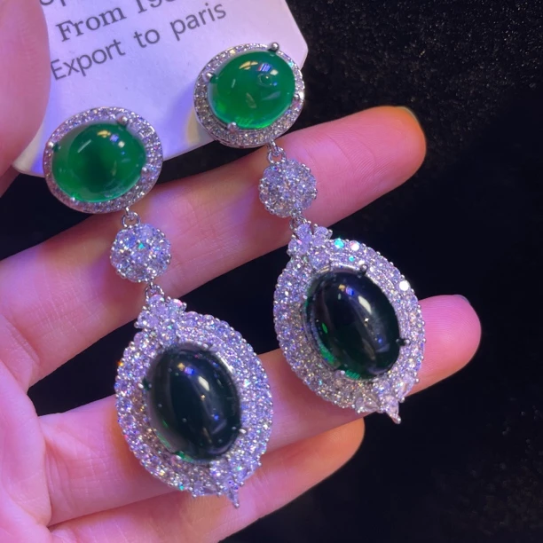 黄铜锆石耳饰 B0262祖绿色蛋面轻奢耳环