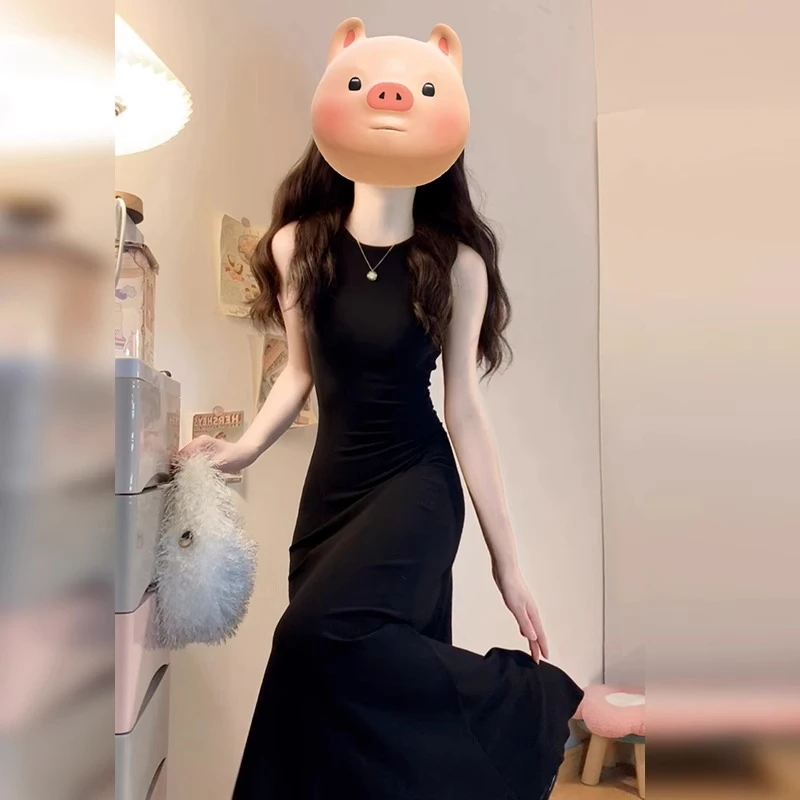 赫本风黑色无袖背心连衣裙子女夏季2025新款温柔法式气质收腰长裙