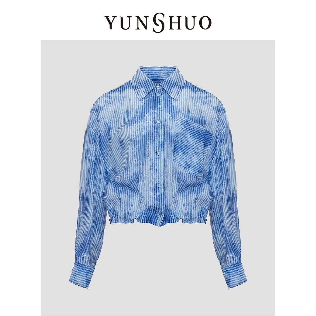 允硕新品时尚百搭印花透气蓝色晕染女装夏季宽松衬衣上衣339740
