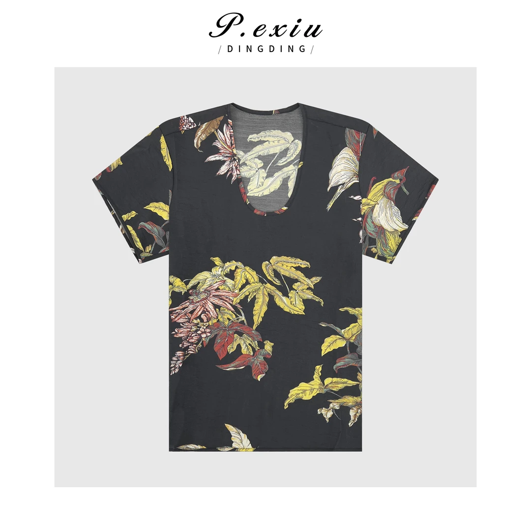 桑蚕丝度假风植物印花U领短袖 GH062