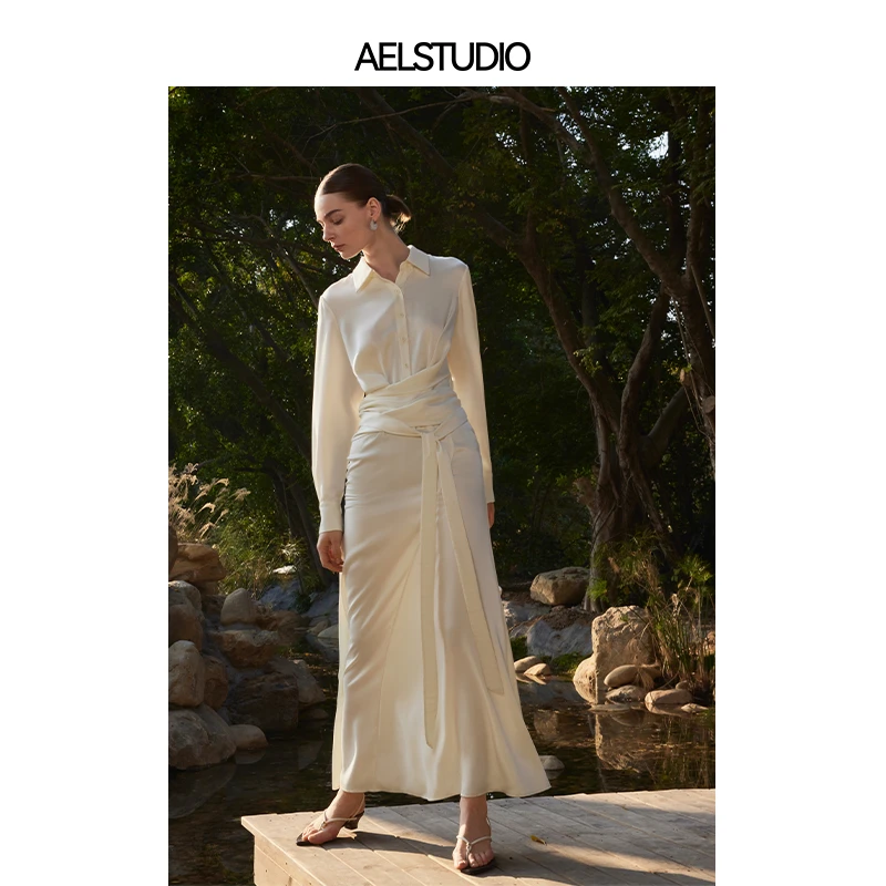 AEL原创醋酸缎面连衣裙衬衫连衣裙女2025春气质长裙AS5AL023